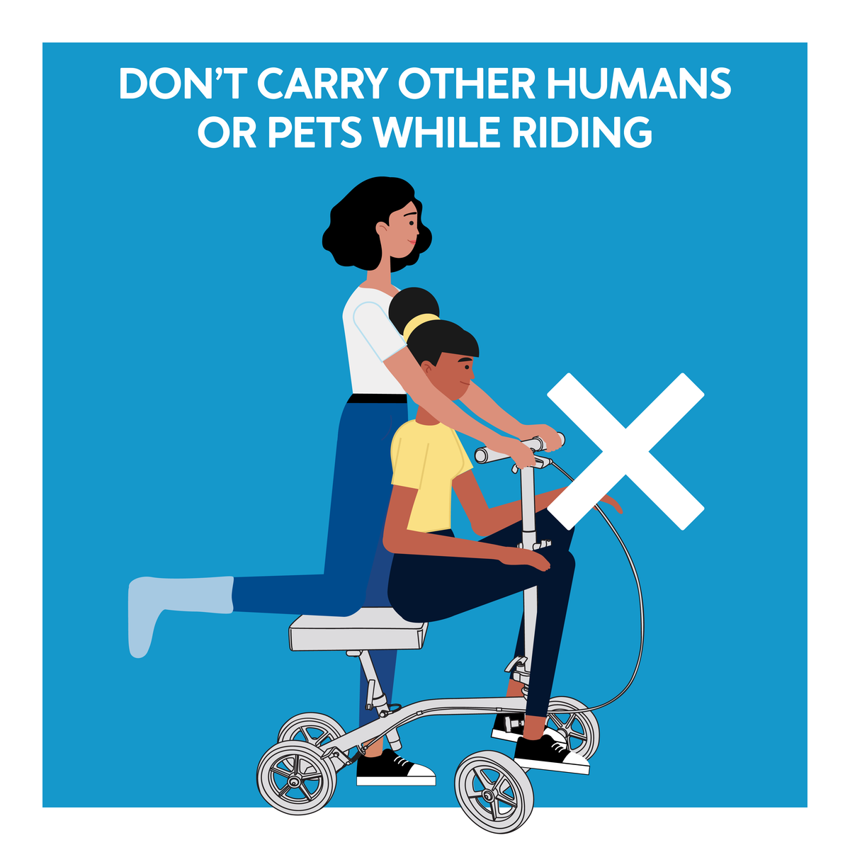 A graphic of a woman and child on a knee scooter. Text, don’t carry other humans or pets while riding
