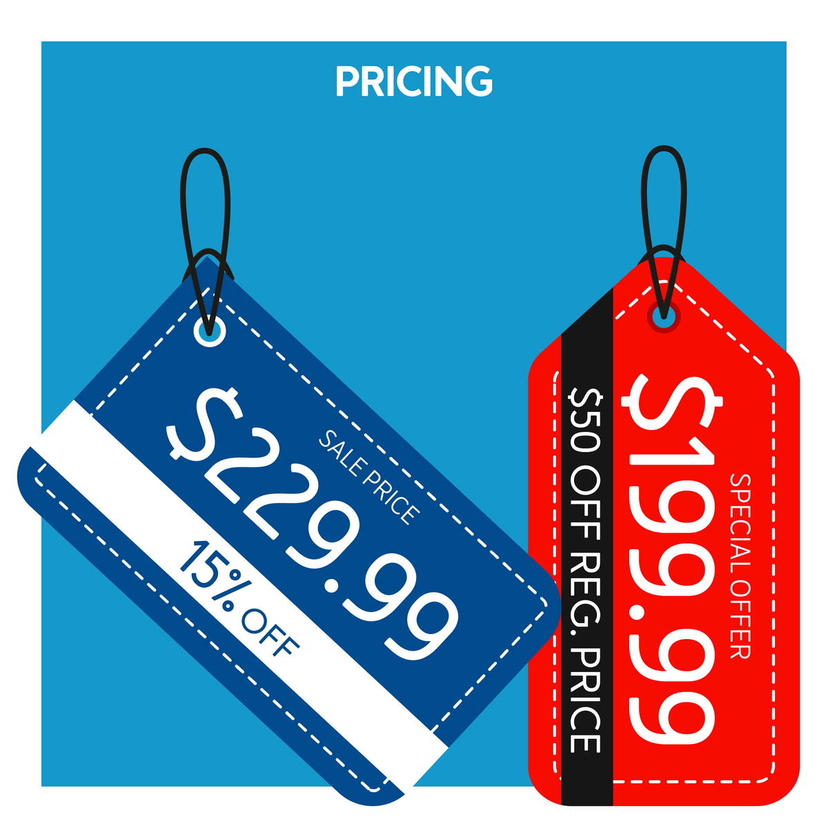 Two graphics of a blue and red price tag. Text, pricing