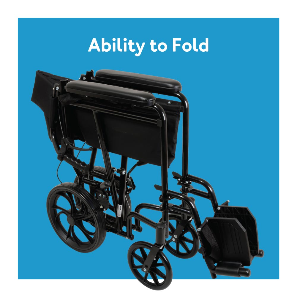 A folded-up transport chair. Text, Ability to fold