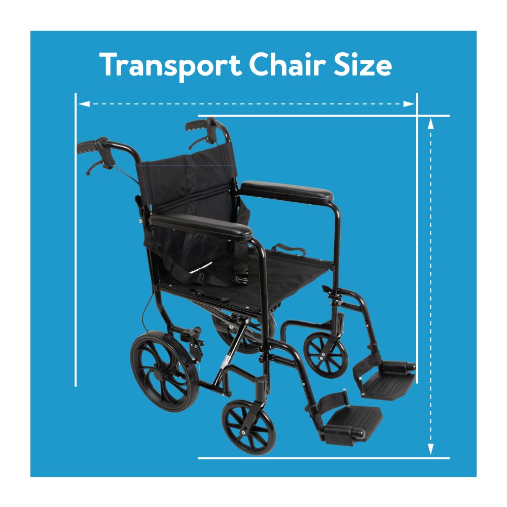 A transport chair next to a wheelchair. Text, transport chair size