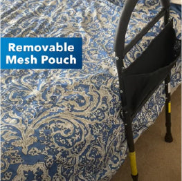 The Carex Bed rail attached to a bed. Text, Removable Mesh Pouch