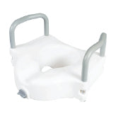 A raised toilet seat with armrests and a front tightening knob