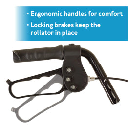 A close-up of the rollators handle. “Ergonomic handles for comfort Locking brakes keep the rollator in place”