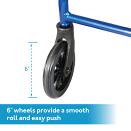 A close-up of the rollators 6 inch wheels with text, 6 inch wheels provide a smooth roll and easy push