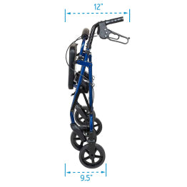 A side view of the Carex Classics Rolling Walker folded Dimensions of 12 inches at the top and 9.5 inches at the bottom