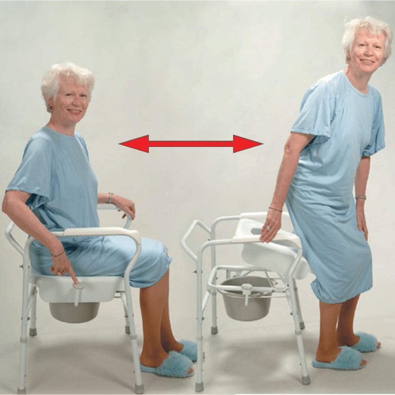 Collage of an elderly woman standing up using the Carex Commode Assist