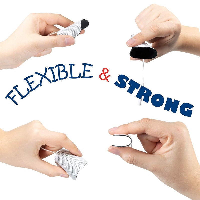 Hands on a white background holding electrodes. Text, “Flexible and Strong”