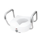 A raised toilet seat with arms and a knob