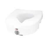 A raised toilet seat with no arms and a knob
