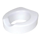 A non-locking raised toilet seat with a contoured front