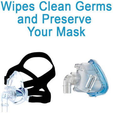 Two CPAP masks with text, Wipes clean germs and preserves your mask