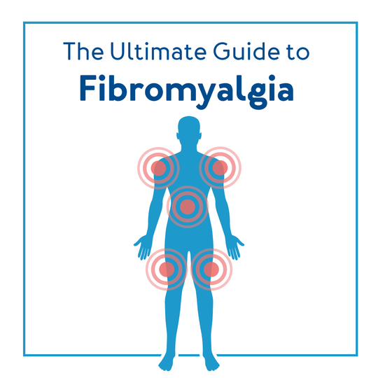 A graphic of a persons body outline with various red circles showing pain and text The Ultimate Guide to Fibromyalgia