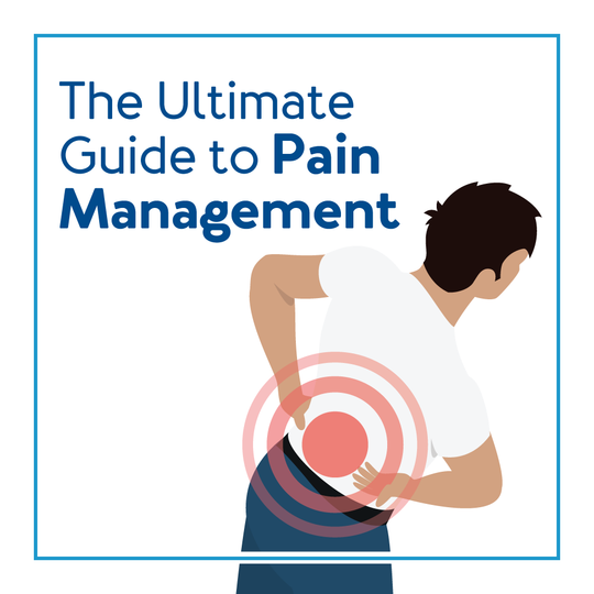 A graphic of a person bent over holding their back with red to show pain. Text “The Ultimate Guide to Pain Management”