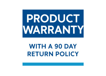A graphic with text, Product warranty with a 90-day return policy