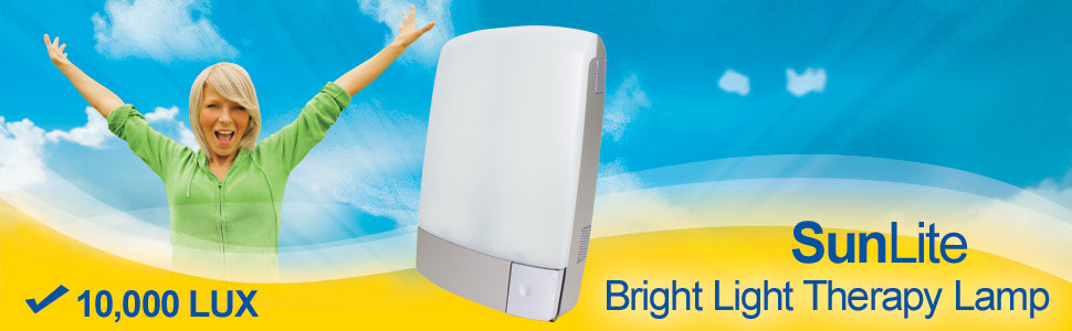 Banner: Woman with outstretched hands against sky backdrop, Carex SunLite lamp, text: SunLite Bright Light Therapy Lamp, 10,000 LUX.
