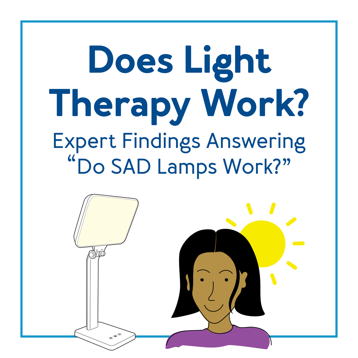 A graphic of a woman next to a therapy lamp. Text, does light therapy work? Expert findings answer do SAD lamps work?