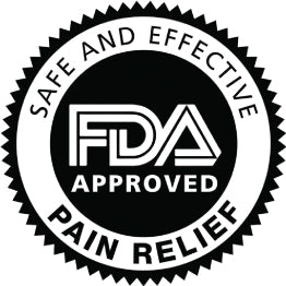 Black and white icon with FAD logo. Text, “FDA Approved. Safe and Effective Pian Relief”