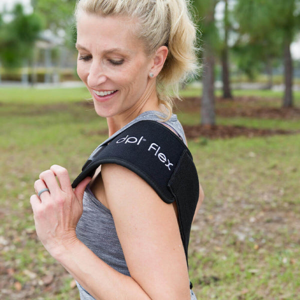 A woman with the DPL Flex Pad over her shoulder