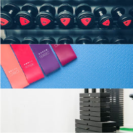 A collage of weights, resistance bands, and a weight machine