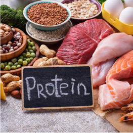 Various protein rich foods in front of a sign that reads protein