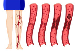 A graphic of a person’s leg showing various blood vessels that are clogged