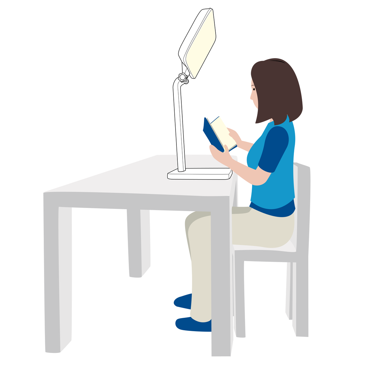 A graphic of a woman using a therapy lamp that’s too close