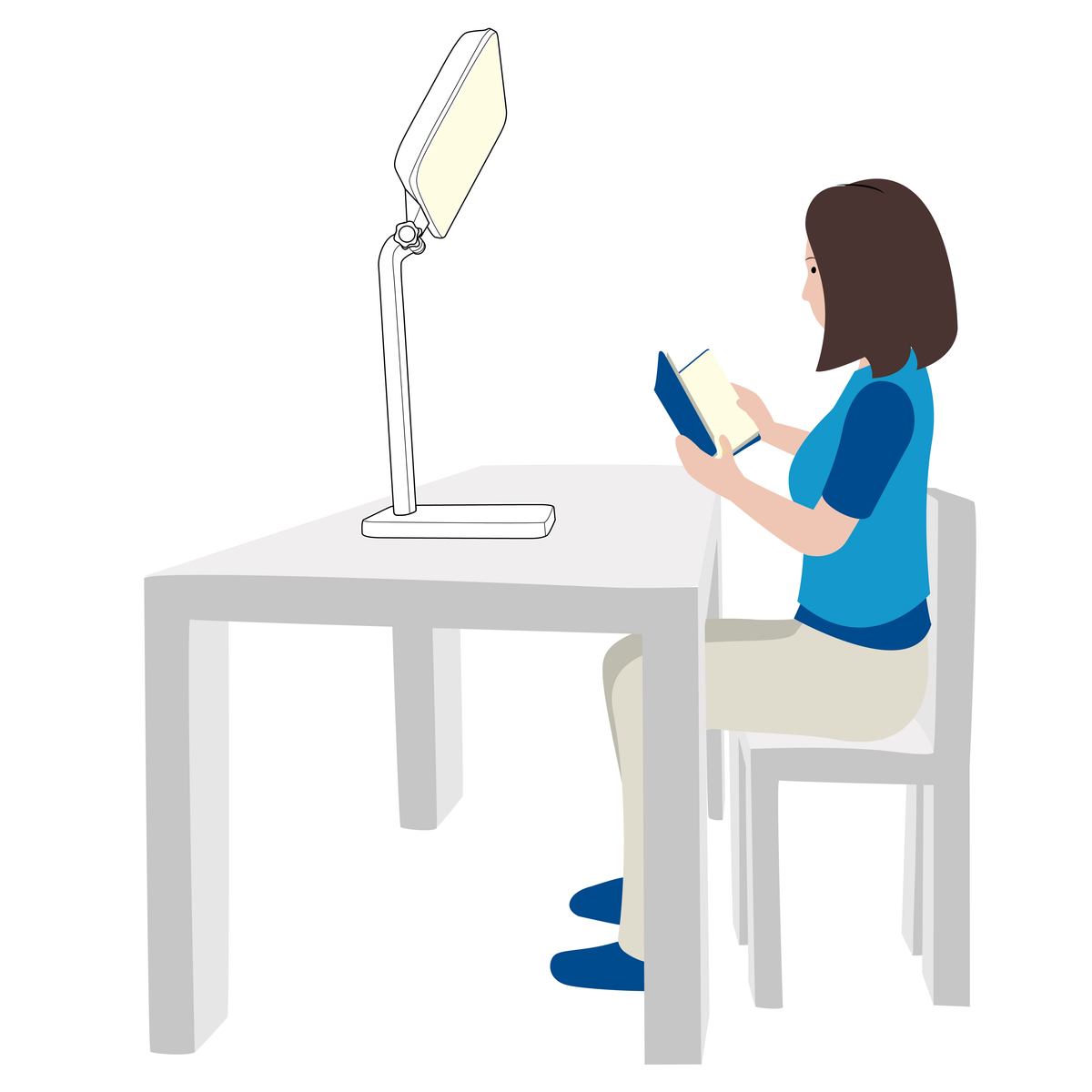 A graphic of a woman using a therapy lamp that’s too far