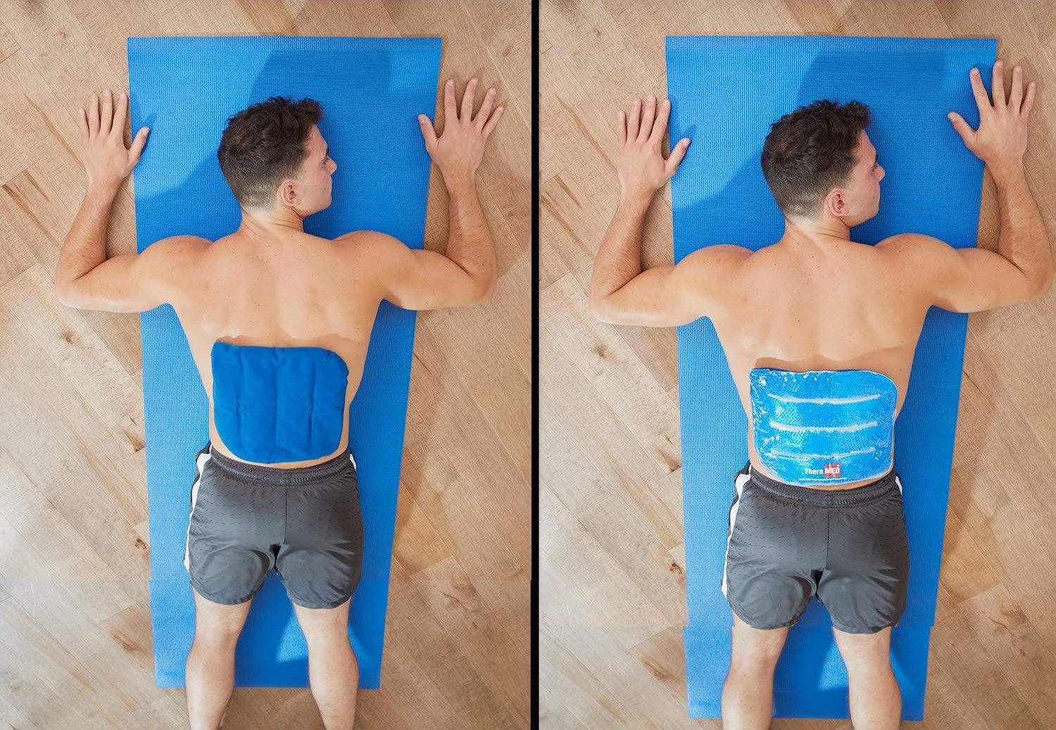 A man on his stomach with a hot/cold wrap on his back