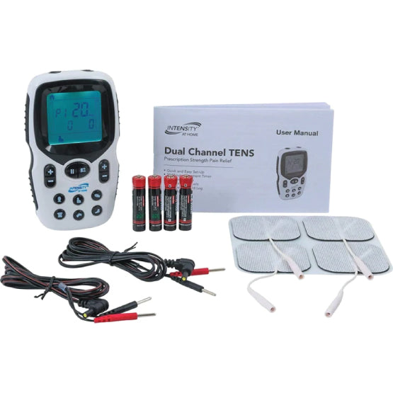 Everything included with the InTENSity at Home TENS Unit on a white background 
