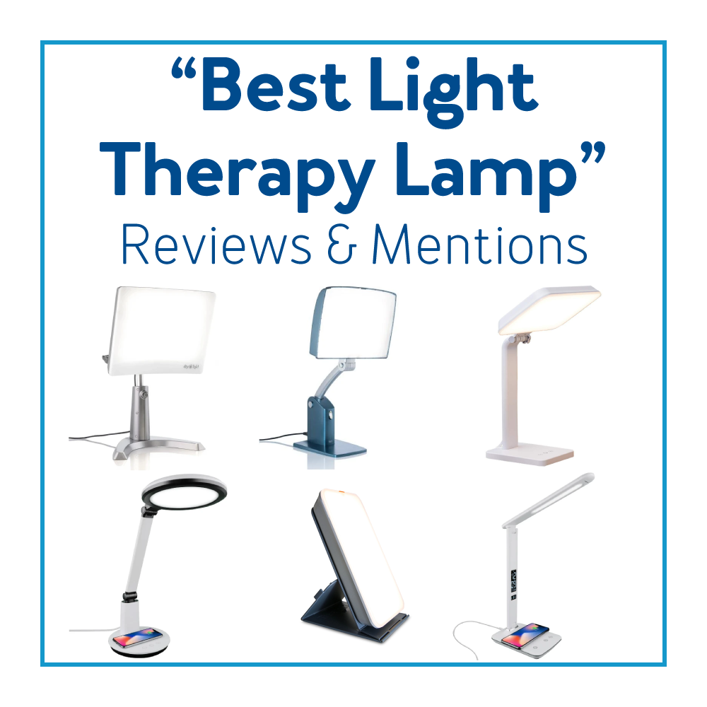 Various light therapy lamps surrounded by a blue border and text “Best Light Therapy Lamp Reviews & Mentions.