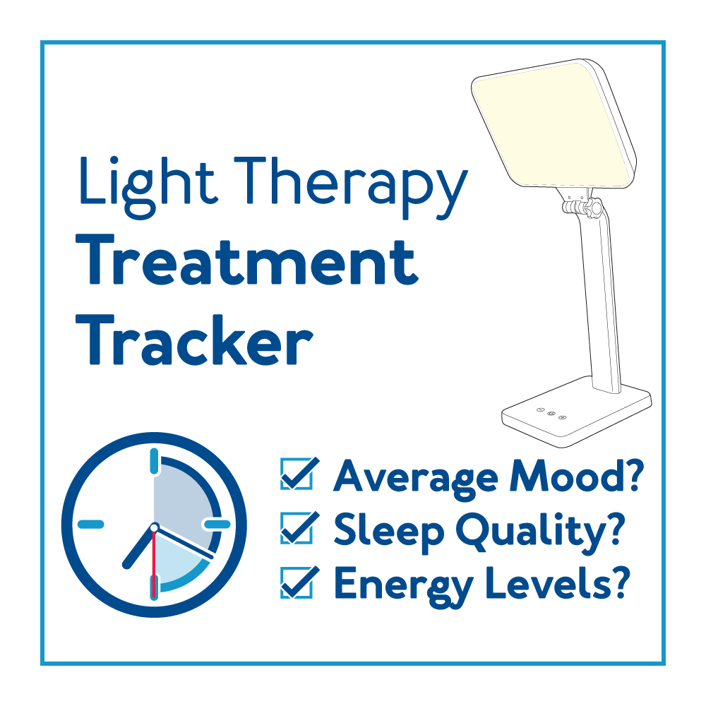A clock and lamp graphic with text, Light therapy treatment tracker : Average Mood? Sleep Quality? Energy Levels?