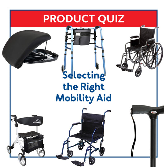Various Mobility Aid surrounded by a blue border with text Product Quiz Selecting the Right Mobility Aid