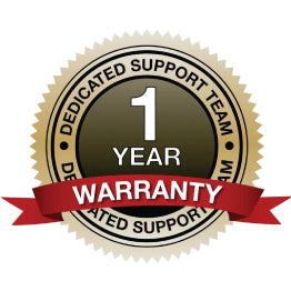 Gold and red badge. Text, “1 Year Warranty. Dedicated Support Team”