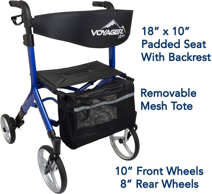 The ProBasics Voyager Euro Walker on a white background. Text, “18” x 10” padded seat with backrest. Removable mesh tote. 10” front wheels. 8” rear wheels”