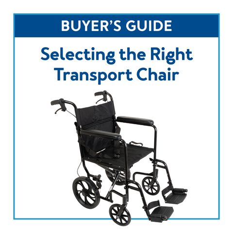 A ProBasics transport chair surrounded by a blue border with text Buyer’s guide: Selecting the Right Transport Chair