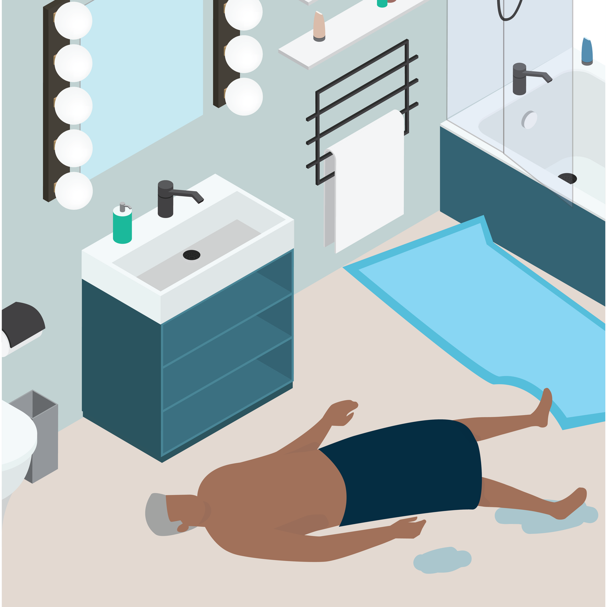 A cartoon of a man that has fallen in the bathroom