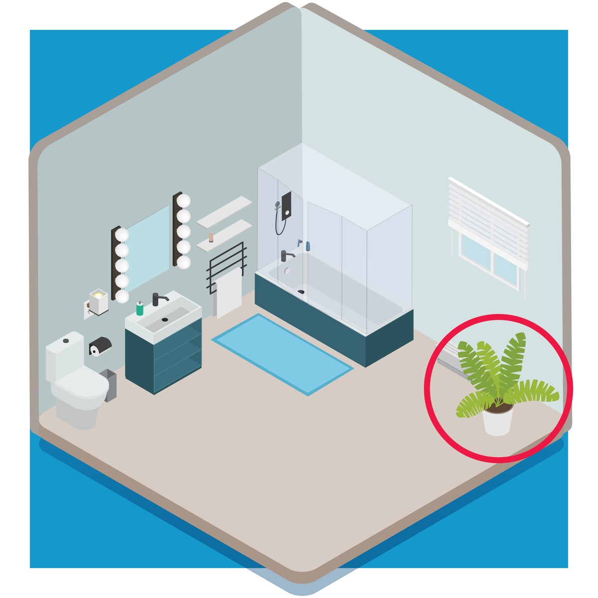 A graphic of a bathroom with a plant circled showing a trip hazard