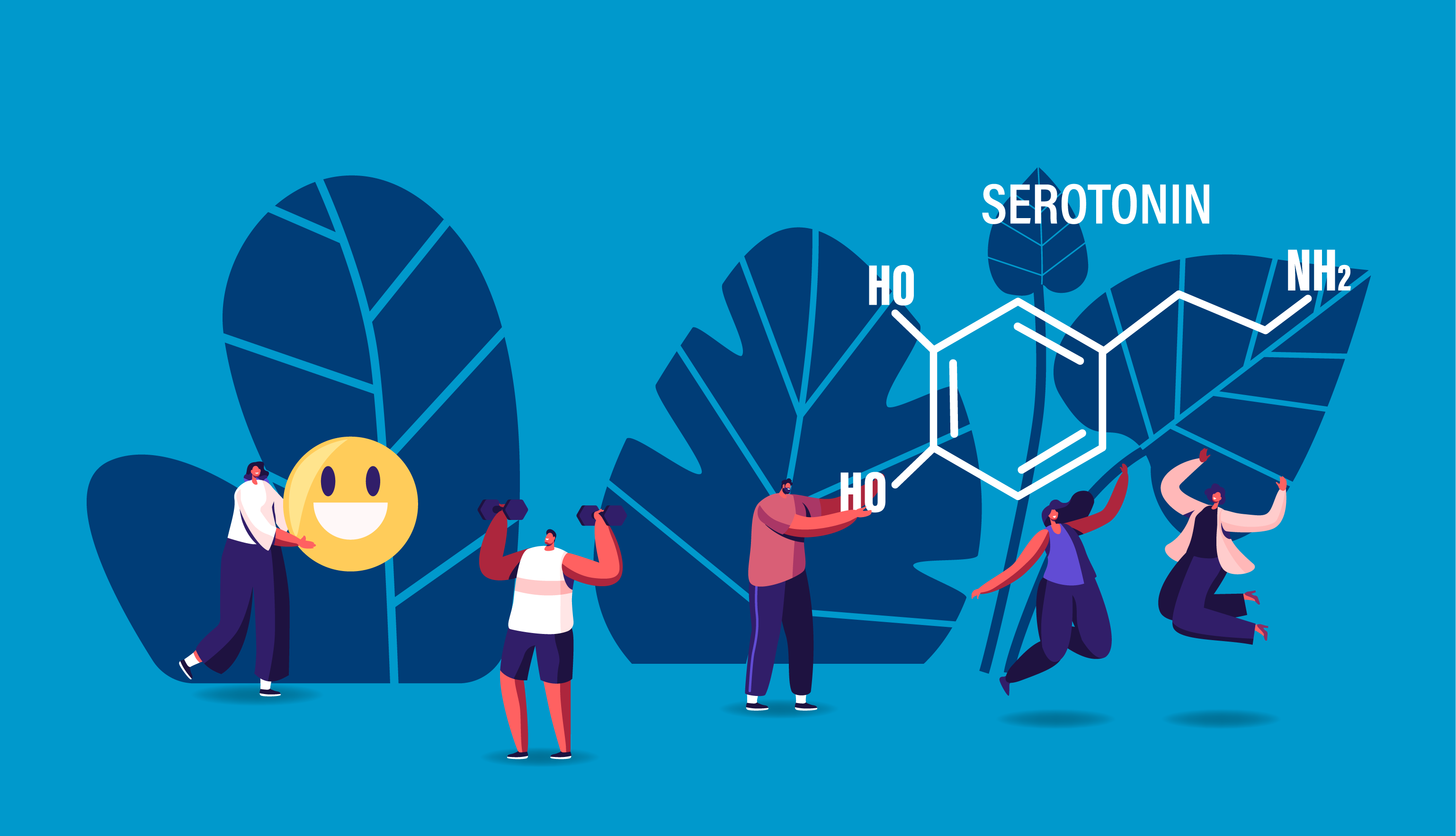 A graphic with people and a serotonin molecule