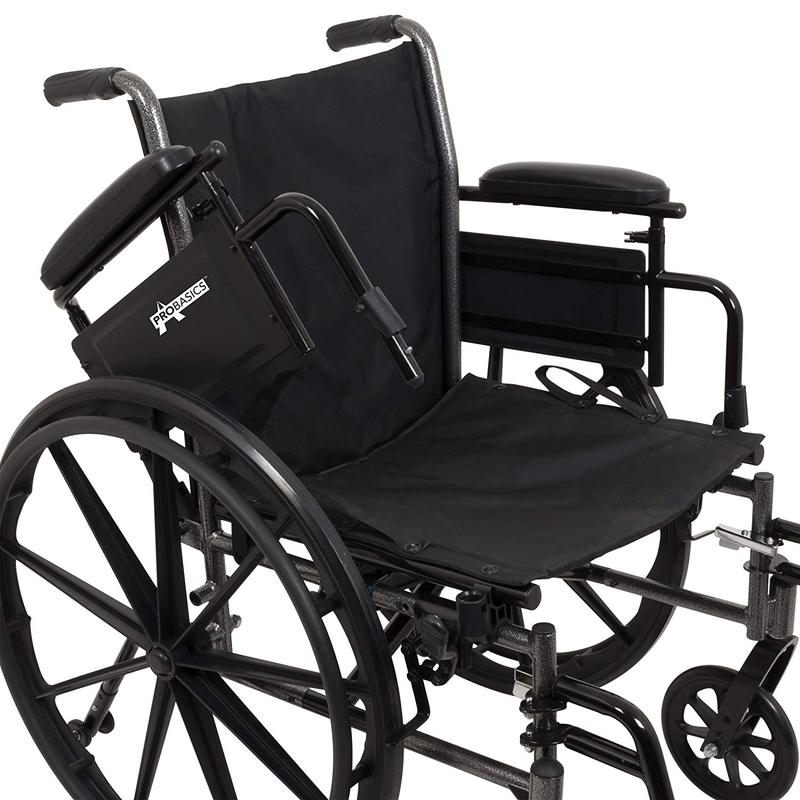 A black wheelchair with removable armrests