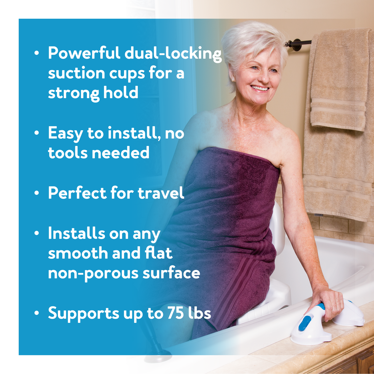 A woman using the Ultra Grip Grab Bar on her bathtub. Text explaining its powerful suction cups, easy installation, travel ability, installation, and 75 lbs weight support,