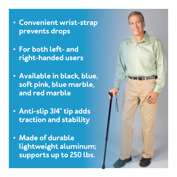 A man standing with the Carex Soft Grip Derby Cane : Further details are provided below