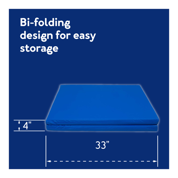 The Roscoe fall mat on a blue background. Text, Bi-folding design for easy storage