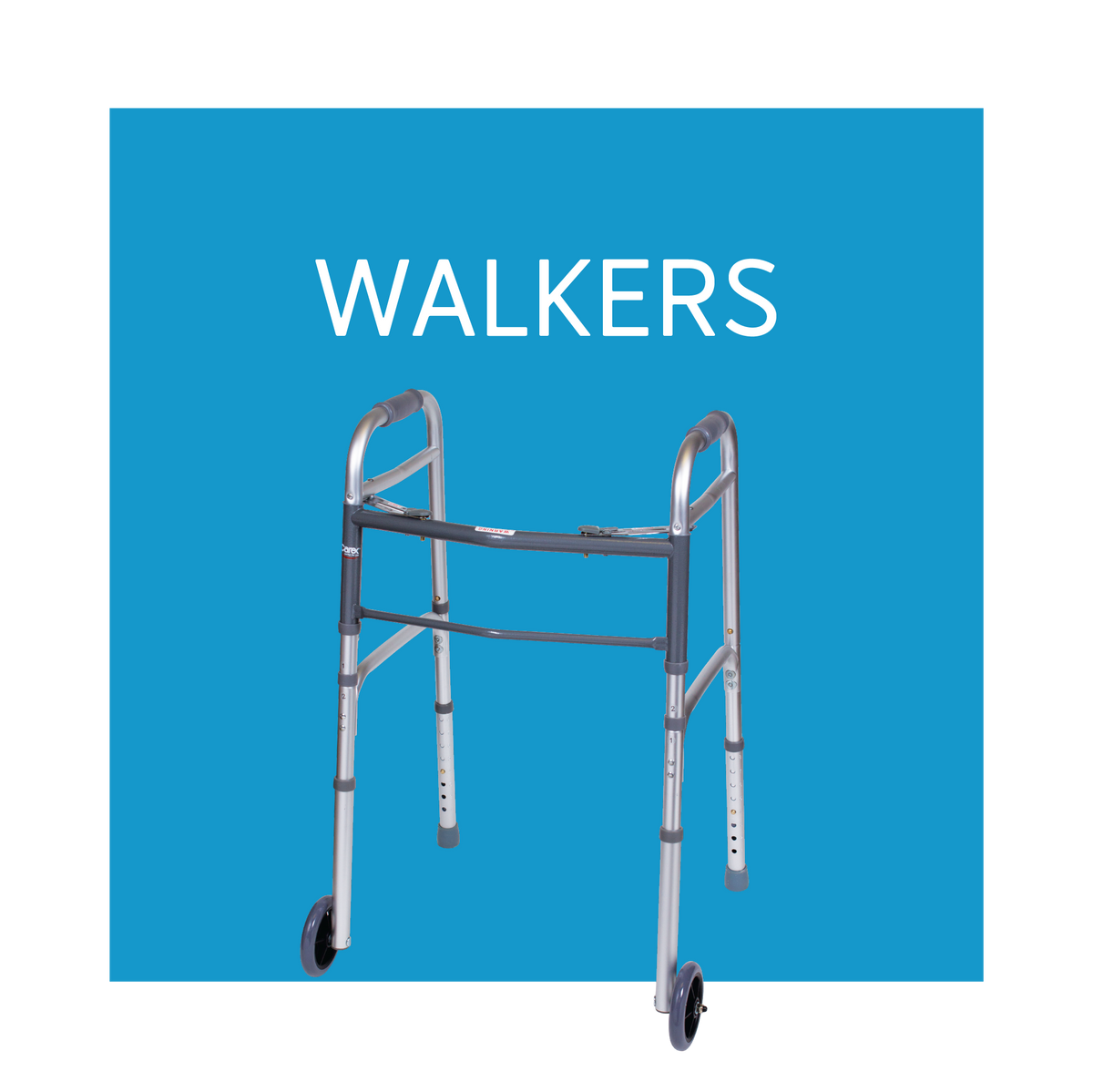 Gray walker on a blue background. Text, “Walkers”