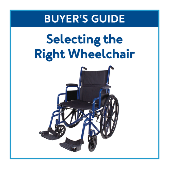 A Carex wheelchair surrounded by a blue border with text, Buyer’s guide: Selecting the Right Wheelchair