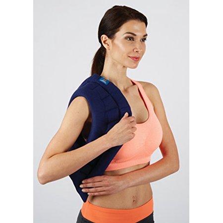 A woman holding a hot/cold wrap on her shoulder