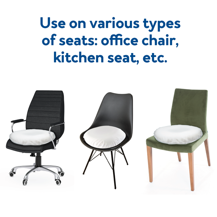 The Carex Foam Invalid Cushion on various chairs. Text, Use on various types of seats: office chair, kitchen seat, etc.