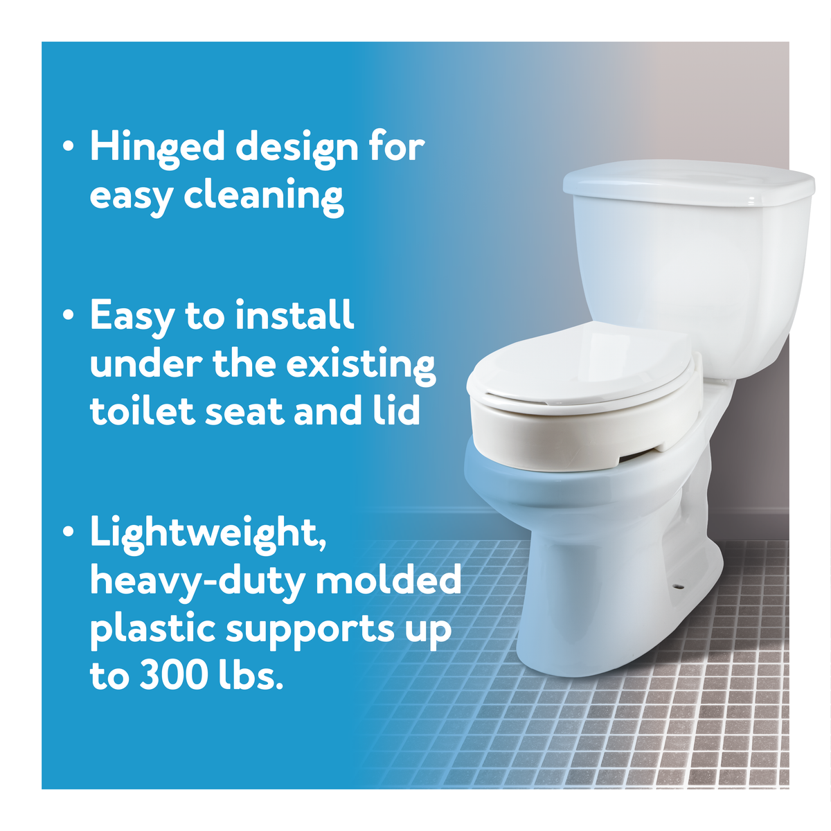 The Carex Hinged Toilet Seat Riser, further details are provided below.