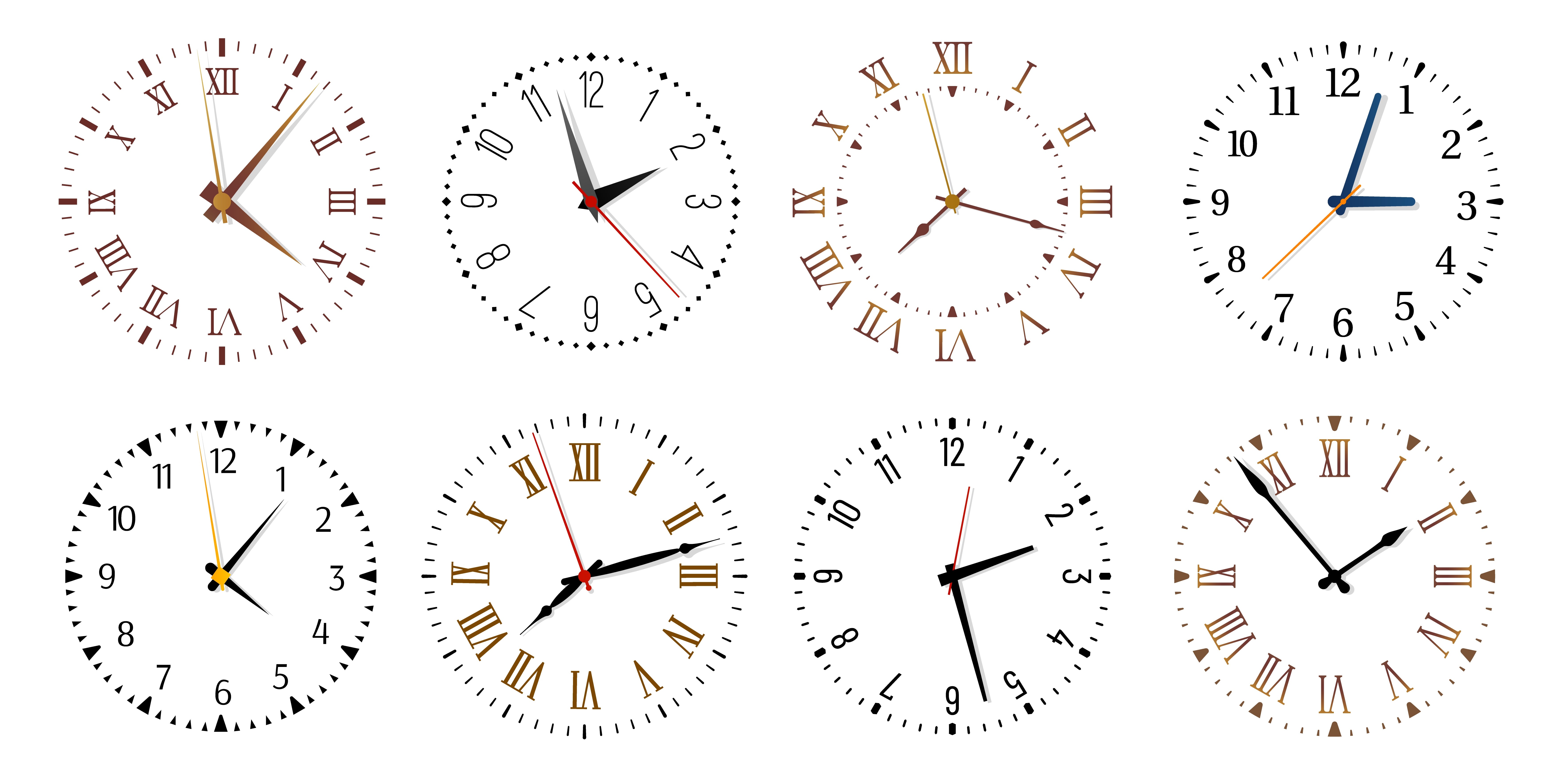 Various cartoon clocks at different times