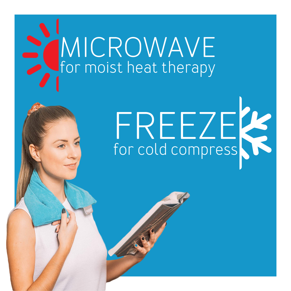 Woman wears Bed Buddy Comfort Wrap on neck against blue bg. Microwave for moist heat therapy. Freeze for cold compress.