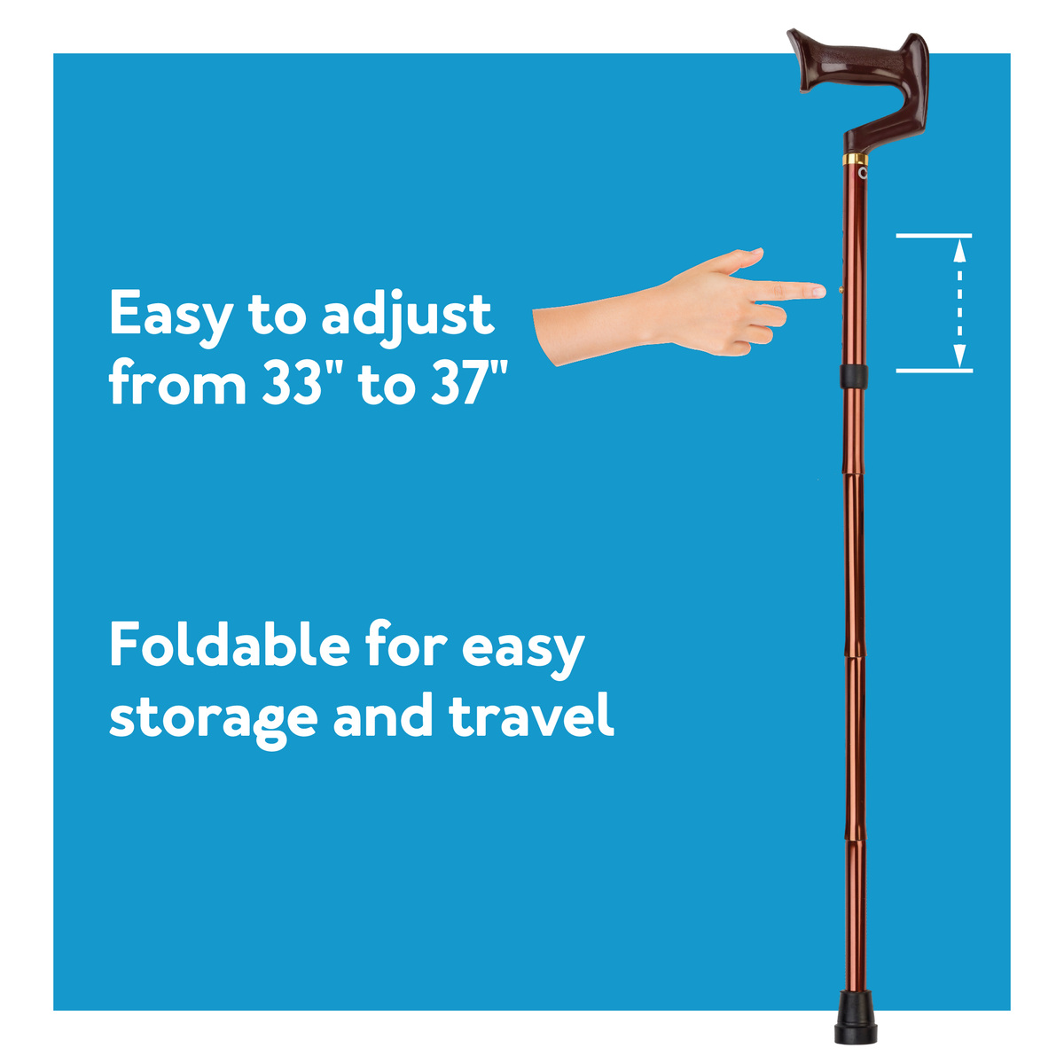 Carex York Folding Cane on a blue background. Easy to adjust from 33 to 37 inches Foldable for easy storage and travel